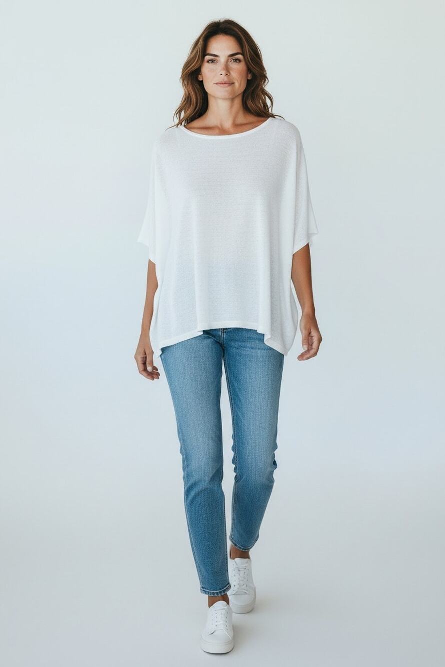 A6 Auth EILEEN FISHER White Organic Linen Knit Scoop Neck Short Sleeve Top Sz XL